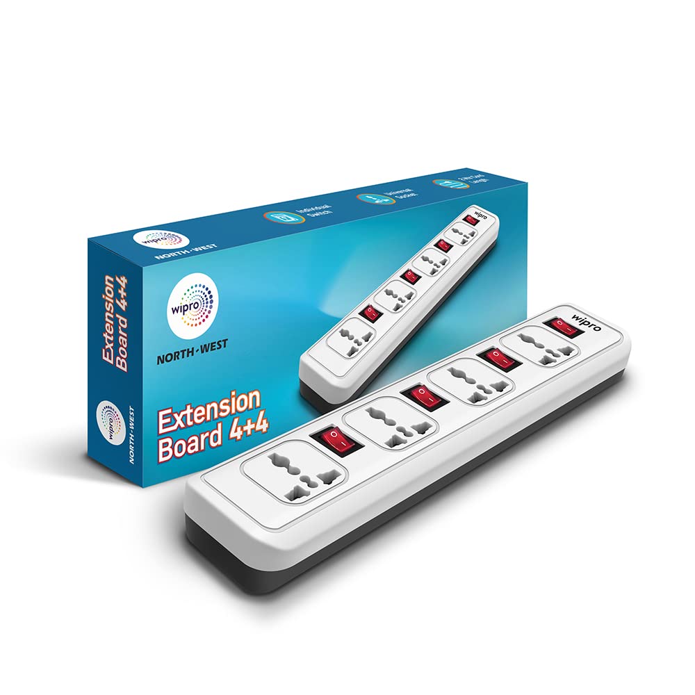 Wipro 4+4 Extension Cord with 2 mtr Cord Length 4 Way Multi Socket Spike Guard